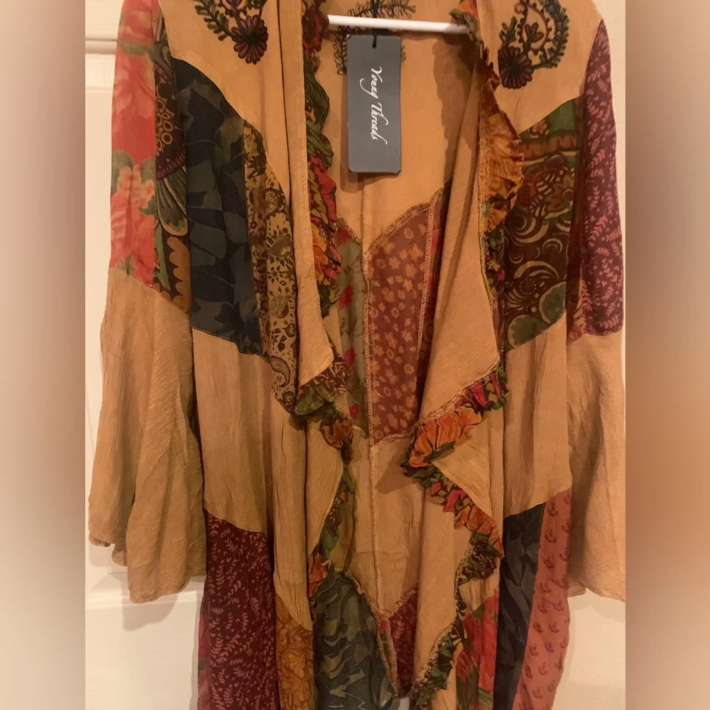 Young Threads Tan Patchwork Open-Front Kimono - Picture 2 of 6